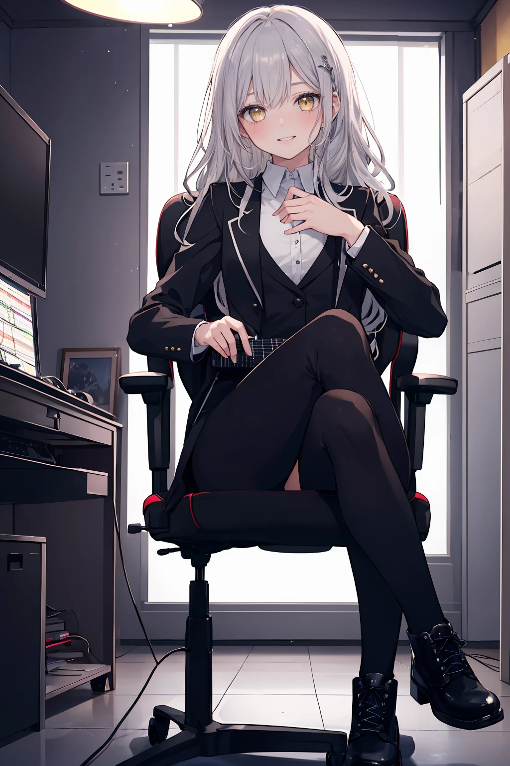 ((8Kmasterpiece,highest quality)), ultra high resolution, (masterpiece: 1.4), hyper detail, (((1 girl))),(),beautiful and delicate eyes,(yellow eyes),Big eyes,shining eyes of light,Thin and long eyelashes,detailed light,beautiful face,((silver hair)),((long hair)),In a white suit,Black high-cut boots,black tights,DTM,PC,(Composing music),keyboard,(guitar),((Gaming Room)),(dark room),(Neon color),sitting cross-legged on a gaming chair,fearless smile,(please open your mouth),looking at the viewer, slender body chest,(very big )