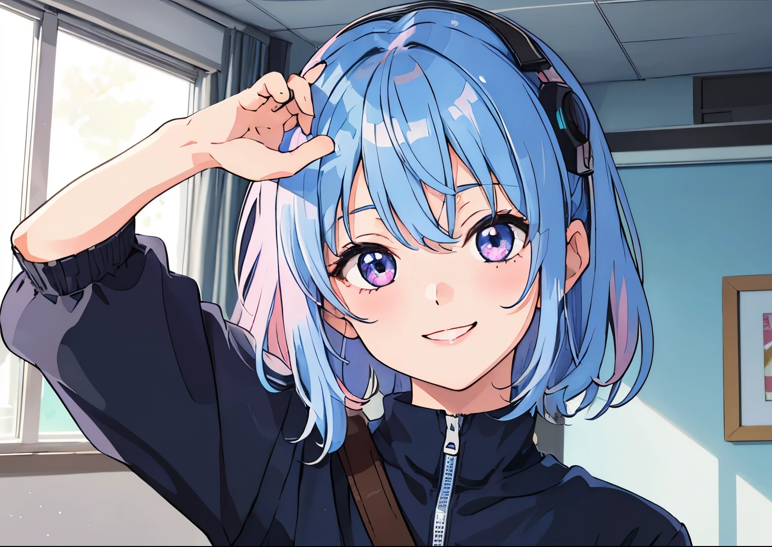 1 girl, smile, cute, indoor, SF, AI,right eye is pink,Left eye is blue, Hair is light blue