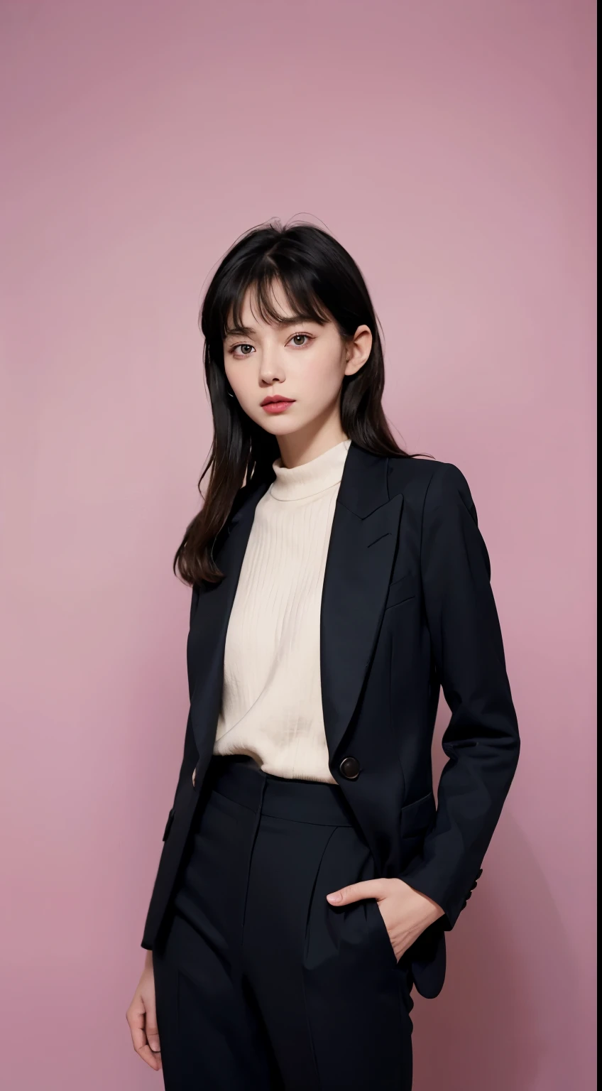 Vogue style photoshoot, Clarity, 4k, 8k, detail, actual, Beautiful Girl, wear dark pastle blazer, inner wear, pastle pants, black lips, dark long hair mullet haircut, Perfect body, thigh, stand, pose standing, medium chest, Wes Anderson style, pastle color background in Wes Anderson style