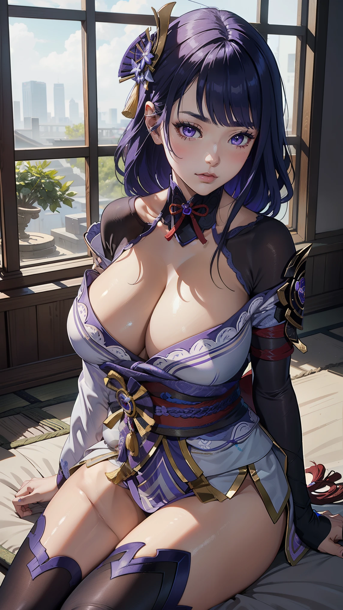 ((masterpiece)),(bestquality),((ultra-detailed)), ((raidenshogundef)), huge breast, sexy, (),looking at viewer, sitting on bed,(blush),