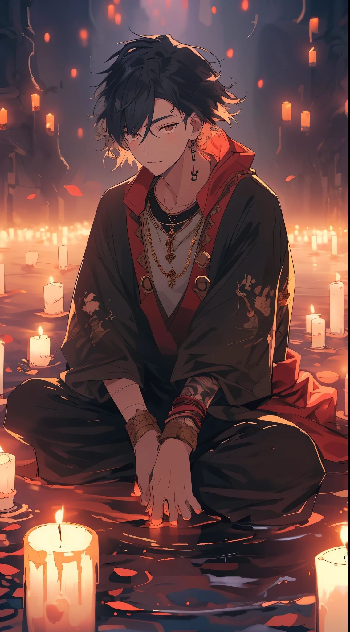 young man, active, energetic, with a mysterious atmosphere, surrounded by gently glowing, floating candles, having the ability to control candles, wearing contemporary clothing, with a mystical temple background, magical, high quality, detailed drawing, Pixiv-style illustration