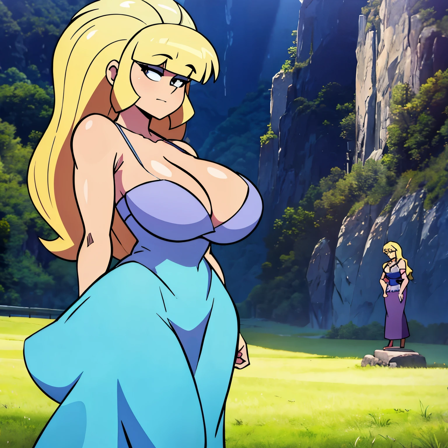 Pacifica, Massive Breasts, ((standing straight)), Blonde hair, ((Cleavage)), (perfect arms), Massive Cleavage