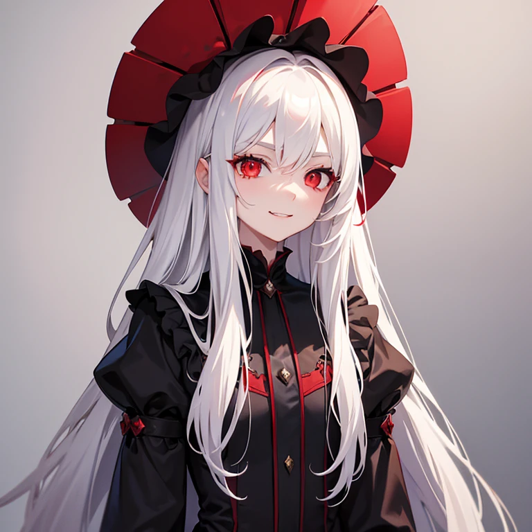 Masterpiece, best quality, height, 1 girl, alone, vampire, white hair, long hair, I'm open., conjunctivitis, evil smile, Girl vampires with red hair, Red and black outfit, Awesome backgrounds