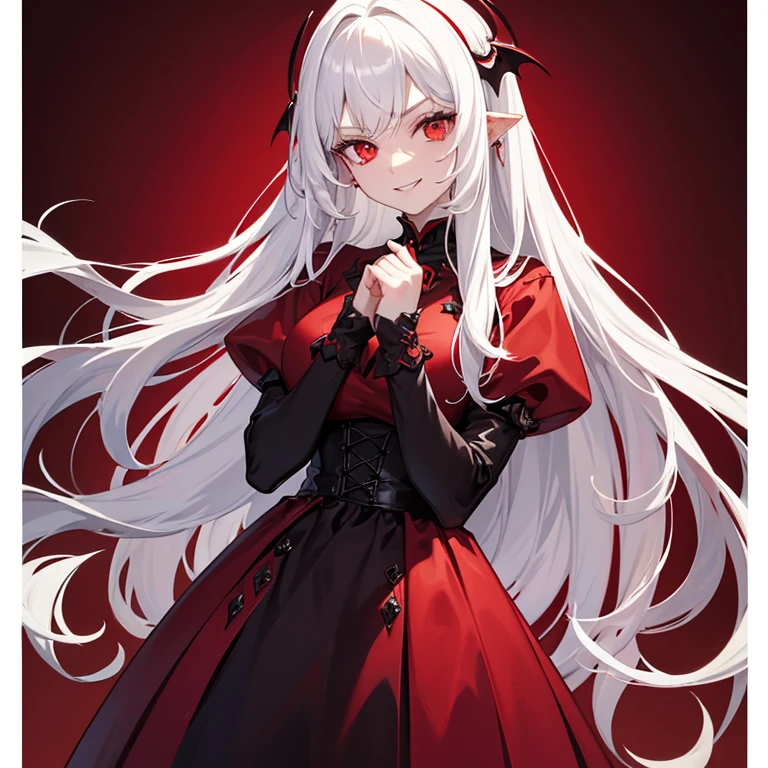 Masterpiece, best quality, height, 1 girl, alone, vampire, white hair, long hair, I'm open., conjunctivitis, evil smile, Girl vampires with red hair, Red and black outfit, Awesome backgrounds