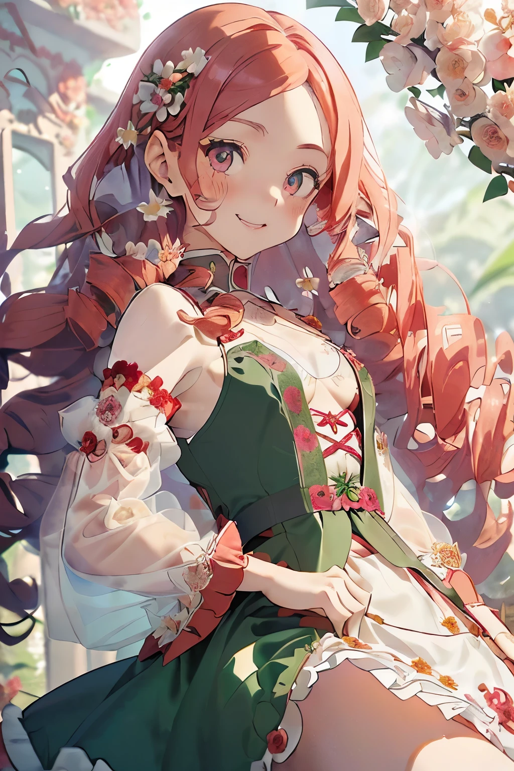 Anime girl with long red hair and green dress sitting on a swing ...