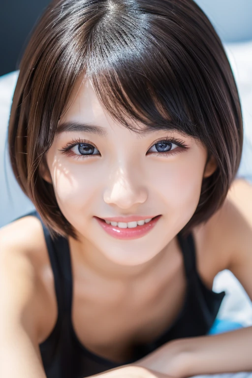 masterpiece, highest quality, 8K, super dense skin, perfect anatomy,Upper body,cute, Chinese female,1 girl, colorful short hair,straight hair,oily shiny skin,Black dress,Chinese female,Young adorable Chinese face, Chinese female idol portrait,Chinese facial features, korean girl, 18-year-old,on the bed,cross your legs,looking at the viewer,sharp focus,center the focus,devilish smile,double eyelid,detailed face,smooth skin,highly detailed eyes,Excited,detailed description,sexy pose