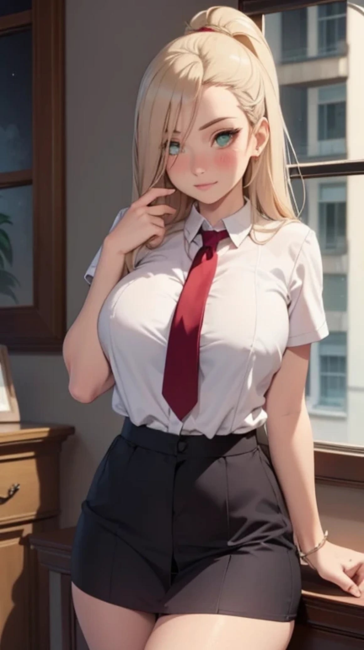 an anime in skirt and tie playing with herself by a window, 1 girl, alone, trembling, panties, underwear, chest, blush, brown hair, skirt, green eyes, tie, white shirt, camel toe, black panties, red tie