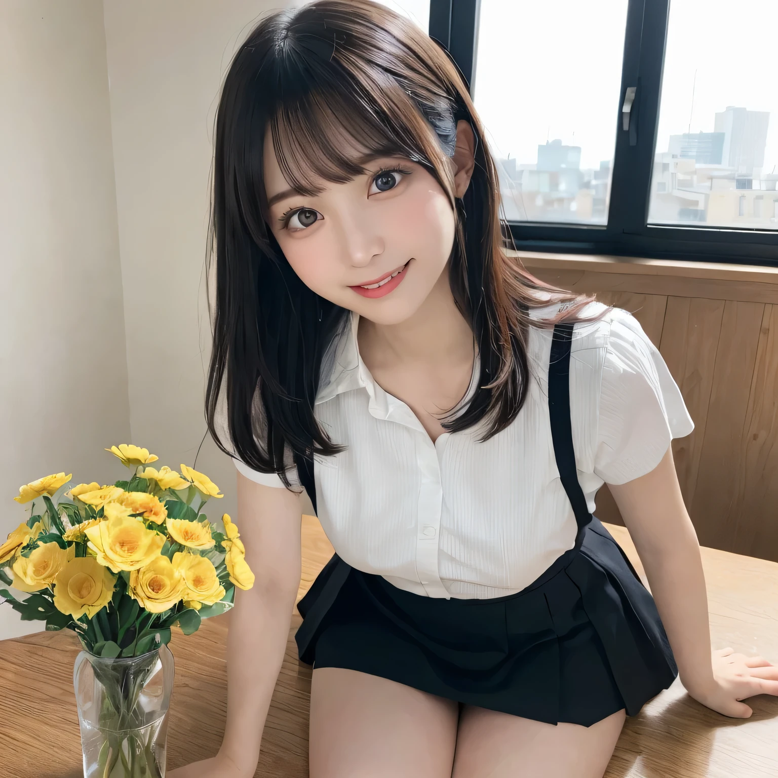 on the table, best quality, illustration, Super detailed, fine details, high resolution, 8k wallpaper, Perfect dynamic composition, Beautiful and delicate eyes,whole body摄影,show your whole body、collared shirt、mini skirt,thin and transparent、long gray hair, Bold sexy pose,Smile,Harajuku、20 year old girl、Eyeliner、beautiful bangs、hair between eyes、((masterpiece、top quality、Super detailed、movie light、intricate details、high resolution、Very detailed))、background for this、8 kood、digital SLR、soft light、high quality、film grain、富士XT3 、shallow view deep、natural soft light、Kamimei、See the knees, set on table,Look at the sexy shots of the lens、Above the legs、whole body、Vest、suit、 铅笔mini skirt、Holding a bouquet of flowers、side view