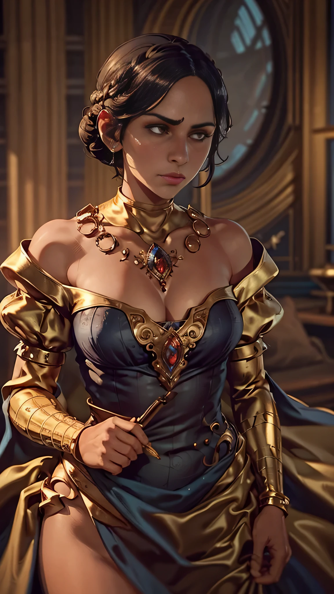 masterpiece, highest quality, RAW, analog style, a stunning photo of a (Josephine), (1girl), (short hair bun), blue-and-gold dress, gauntlets, quill, bare shoulders, off shoulder, jewelry, (highly detailed skin, skin details), full body view, sharp focus, 8k UHD, DSLR, high quality, film grain, Fujifilm XT3, frowning, intricately detailed, highly detailed, cluttered and detailed background