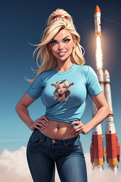 (cartoon style:1.2), Drawings of ([Jessica Simpson, Kate Upton, Kim Kardashian]), wearing a light blue t-shirt, leather jacket and jeans pant, smile, perfect eyes, detailed face, NASA Rocket launch site background, fun posing, flirty look, 