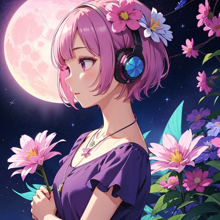 huge moon、1 girl, alone, short hair, headphones, jewelry, dress, Upper body, flower, Mauve hair, hair flower, necklace,, profile, pink flower, blue flower, abstract, 鮮やかはflower、flowerが舞う、リアルなflower