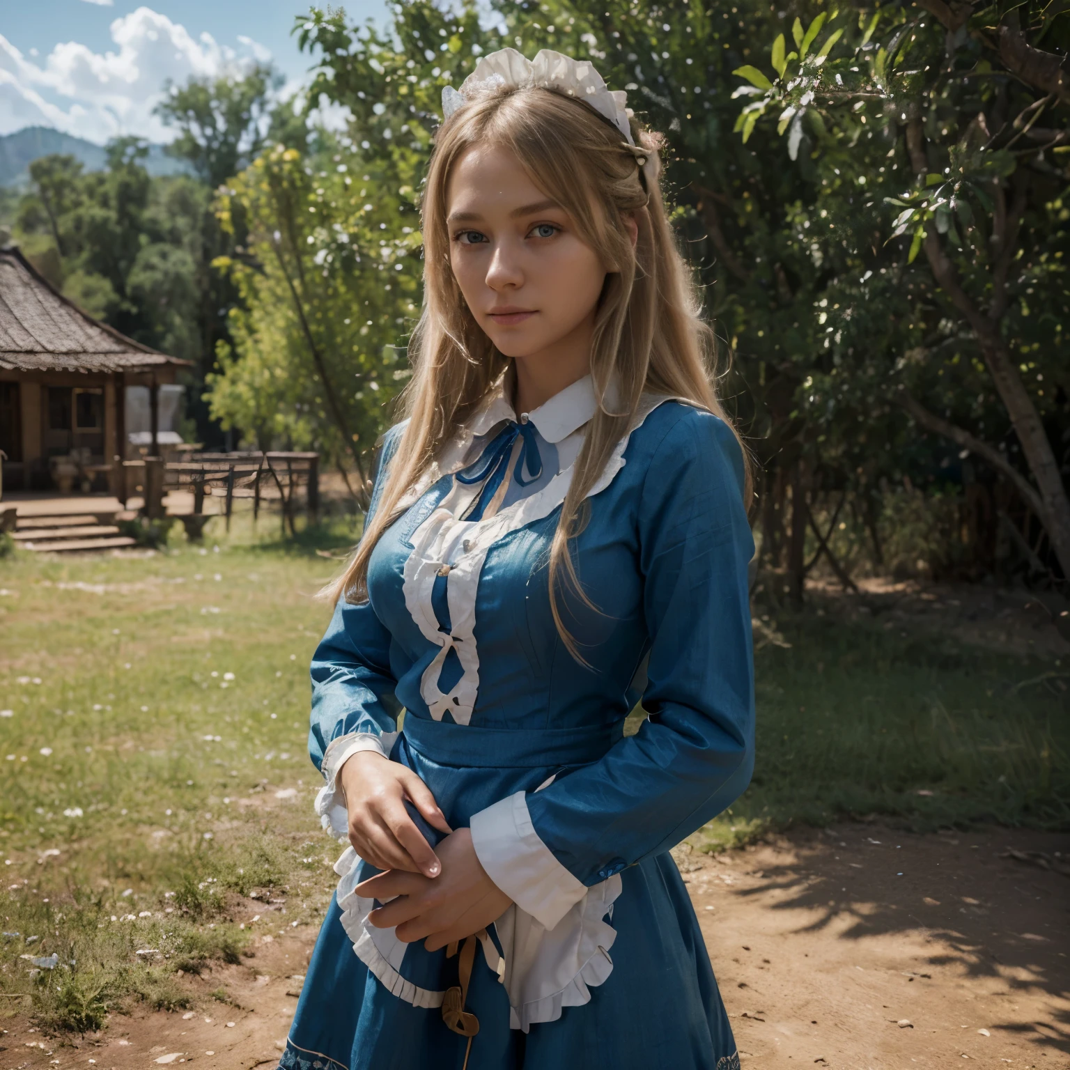 ((masterpiece)), ((best quality)), ((highres)), ((detailed background)), ((extremely detailed CG unity 8k wallpaper)), solo, shiona, blonde hair, long hair, blue eyes, hair tuft, cowboy shot, outdoors, ((maid outfit))