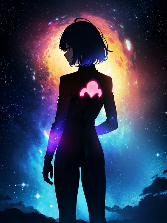 Girl, cloud, colorful, masterpiece, galaxy background、(girl silhouette)、body suit,from behind