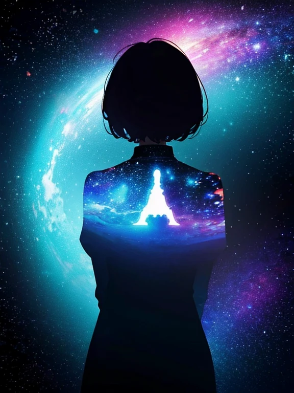 Girl, cloud, colorful, masterpiece, galaxy background、(girl silhouette)、body suit,from behind