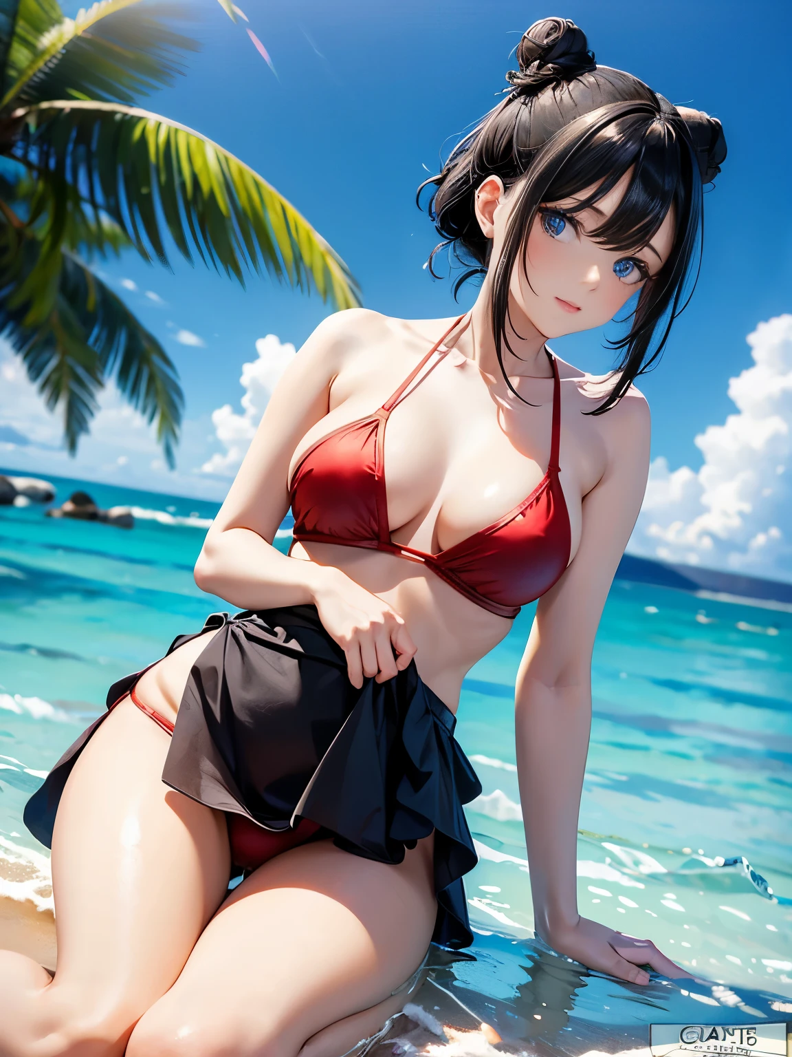 (highest quality), (masterpiece), 1080P, HD, 4K, 8K, cute face, beautiful, clean hands, can't believe it, beautiful eyes, Red-black hair, Bun knot hair, shoulder length hair, blue eyes, long eyelashes, bikini、waist,shirt,brown skin
