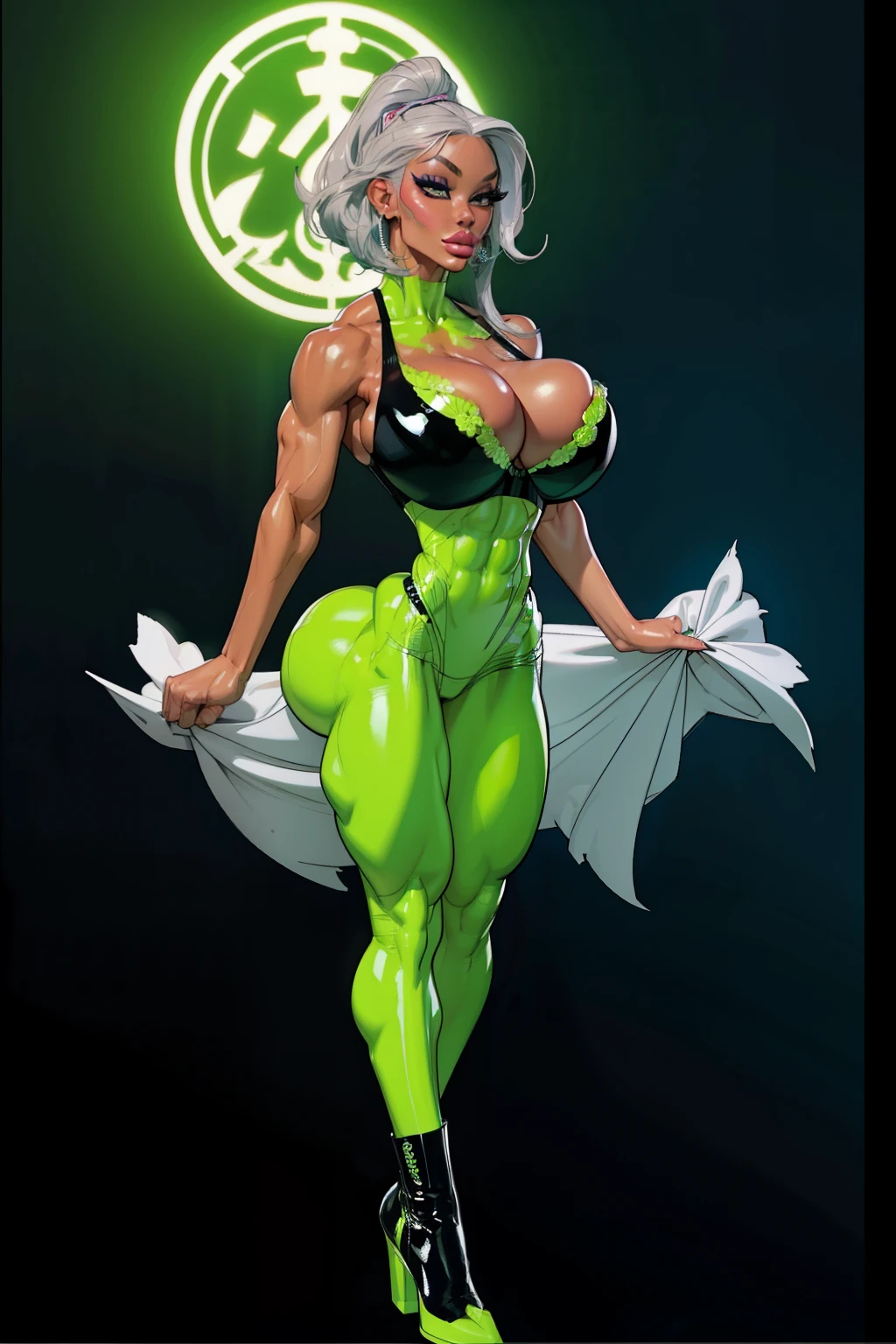  Generate an illustration of a mature Jade Cargill, ((wwe)),  silver hair , (black skin), de terno preto, (black bra:1.3), short hair, hair combed back, (gigantic breasts:1.3), in anime format with a serious style, (neon green unitard), ((warm lighting)), black boots, gothic make up, masterpiece, ((dark lighting)), black background, (puffy lips),((slendered abs)), beautiful face,