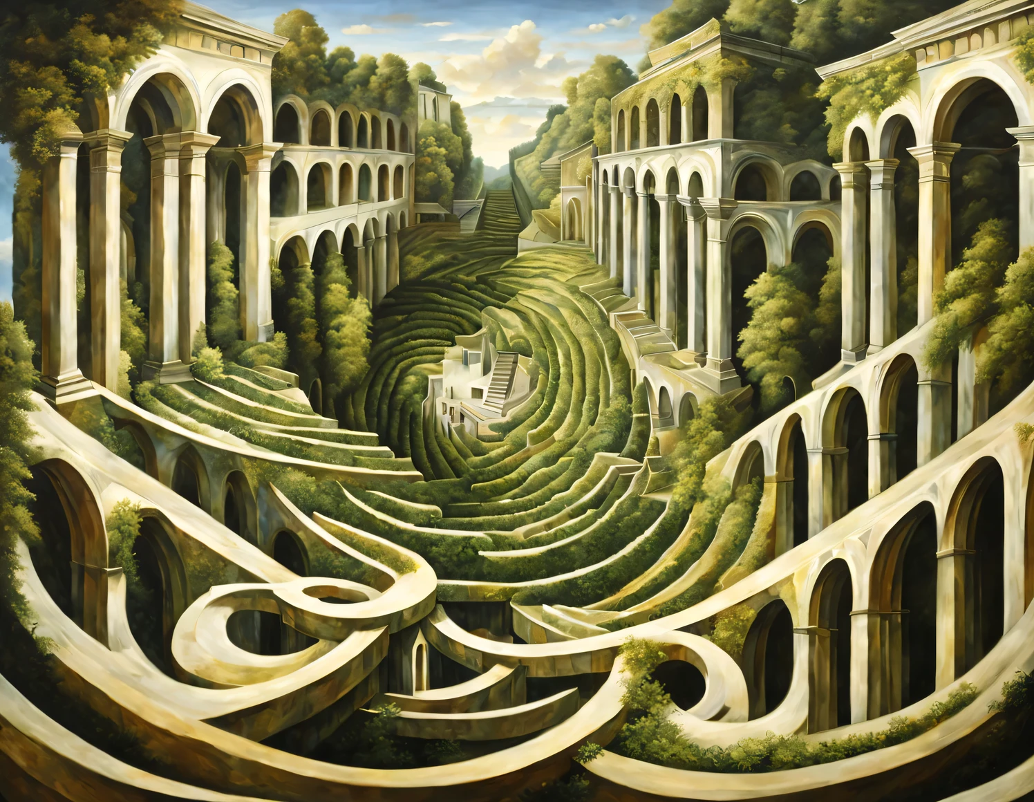 picture, combining landscape and architectural structures, intertwined in optical illusions., the landscape turns into architectural structures, and architectural structures turn into landscape, Optical illusions, mixture of landscape and architecture, Cooperation