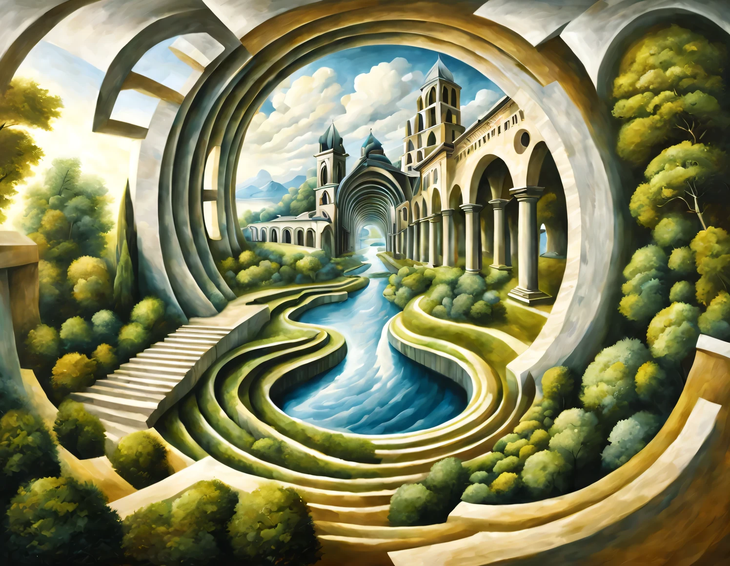 picture, combining landscape and architectural structures, intertwined in optical illusions., the landscape turns into architectural structures, and architectural structures turn into landscape, Optical illusions, mixture of landscape and architecture, Cooperation