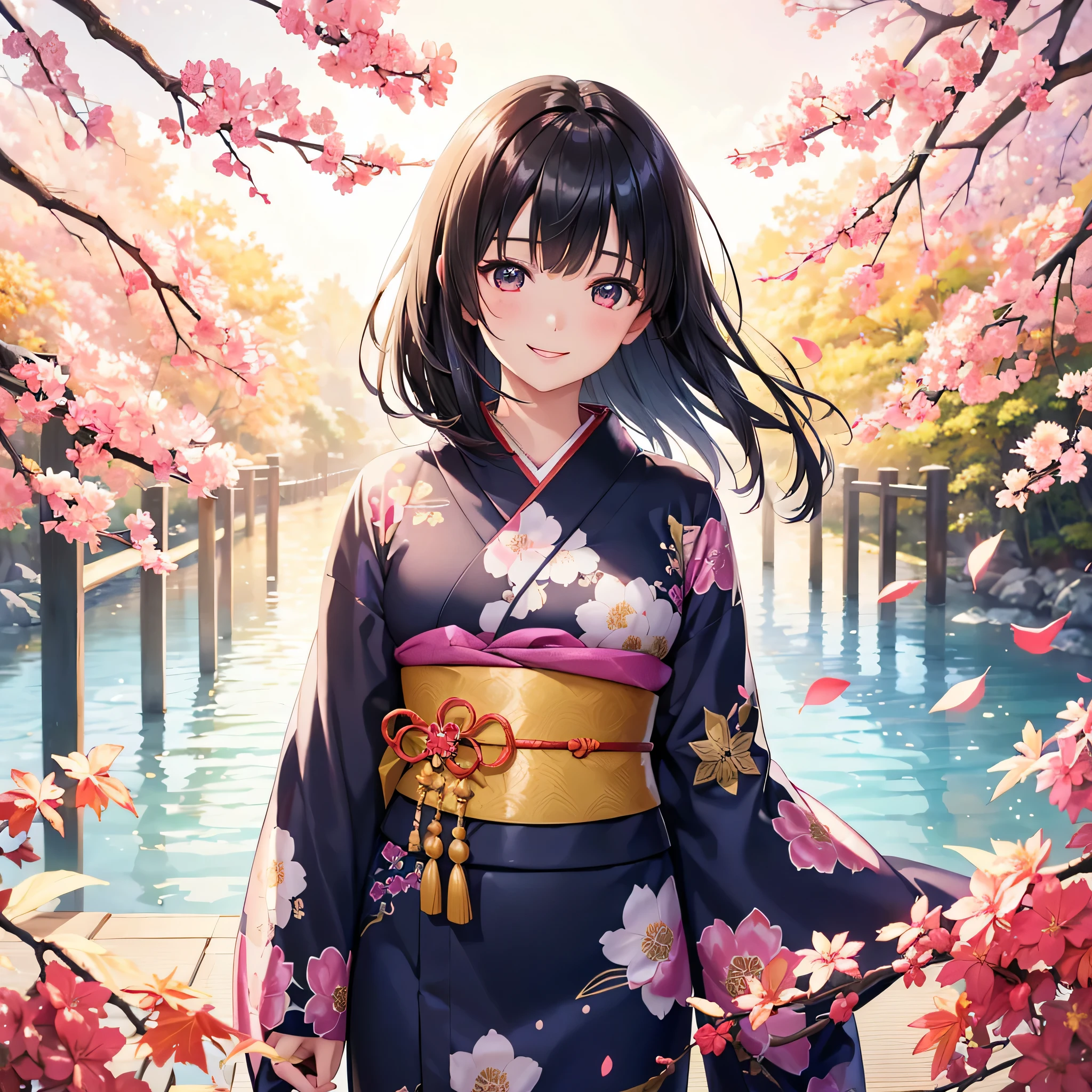 (Super beautiful woman in kimono)、((highest quality、8K masterpiece:1.3))、sharp focus:1.2、(super beautiful face:1.0)、(shiny skin:1.0)、realistic pictures、black haired、video writing、High resolution eyes and face、video writing、japanese actress、from the front、Medium chest、with a happy smile、wearing a kimono、under the autumn leaves、highest grade obi