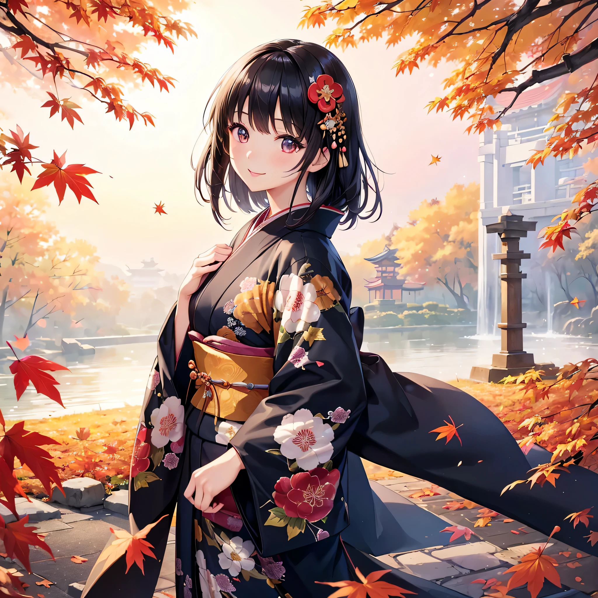 (Super beautiful woman in kimono)、((highest quality、8K masterpiece:1.3))、sharp focus:1.2、(super beautiful face:1.0)、(shiny skin:1.0)、realistic pictures、black haired、video writing、High resolution eyes and face、video writing、japanese actress、from the front、Medium chest、with a happy smile、wearing a kimono、under the autumn leaves、highest grade obi