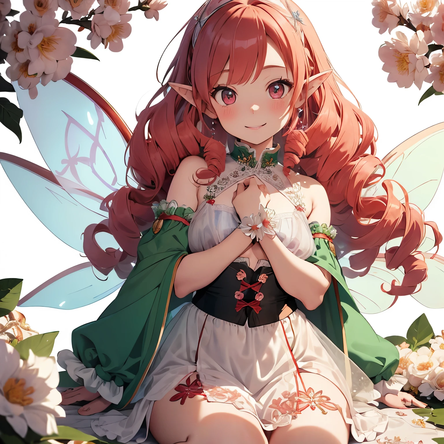 (light red hair:1.2),(long hair with curls:1.3),(drill curl hair:1.25),(Jade-colored eyes:1.4),(Eye size:1.5),(Accessories with flower motifs:1.3),(One piece made of smooth material:1.3),(sheer sleeve:1.35),(White corset:1.25),(asymmetric hem skirt:1.4),(Fluffy skirt:1.35),(gladiator shoes:1.25),(Background full of blooming flowers:1.5),(blush),(cute smile:1.3),(small breasts:1.6),(close up of face:1.25),(elf ears:1.2),(transparent wings like a fairy:1.4),