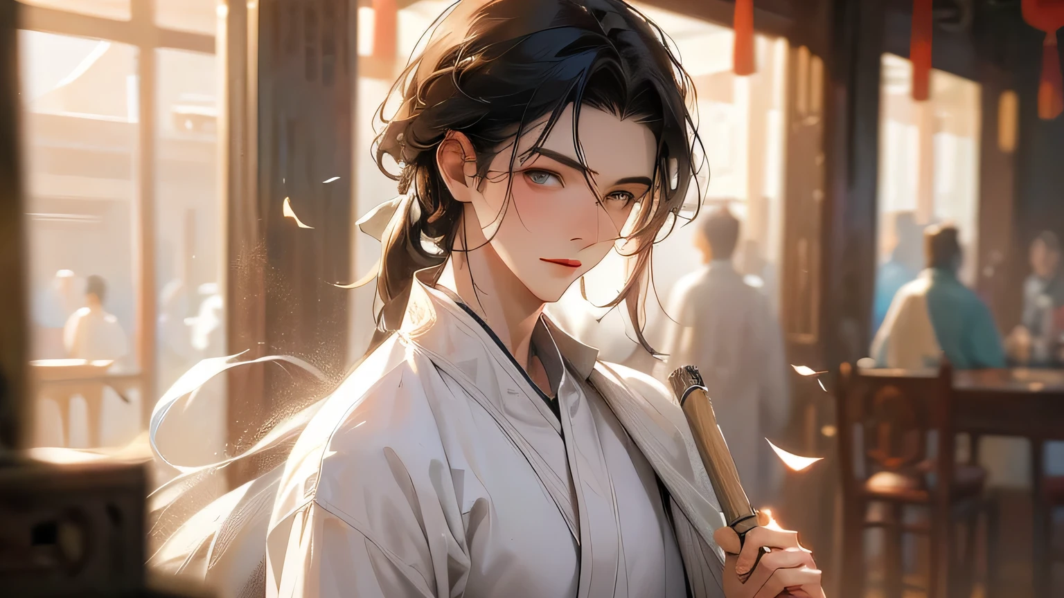 A handsome and clean young man，Wearing simple Chinese clothing，clean white clothes，In the library，Broom in hand，Cleaning