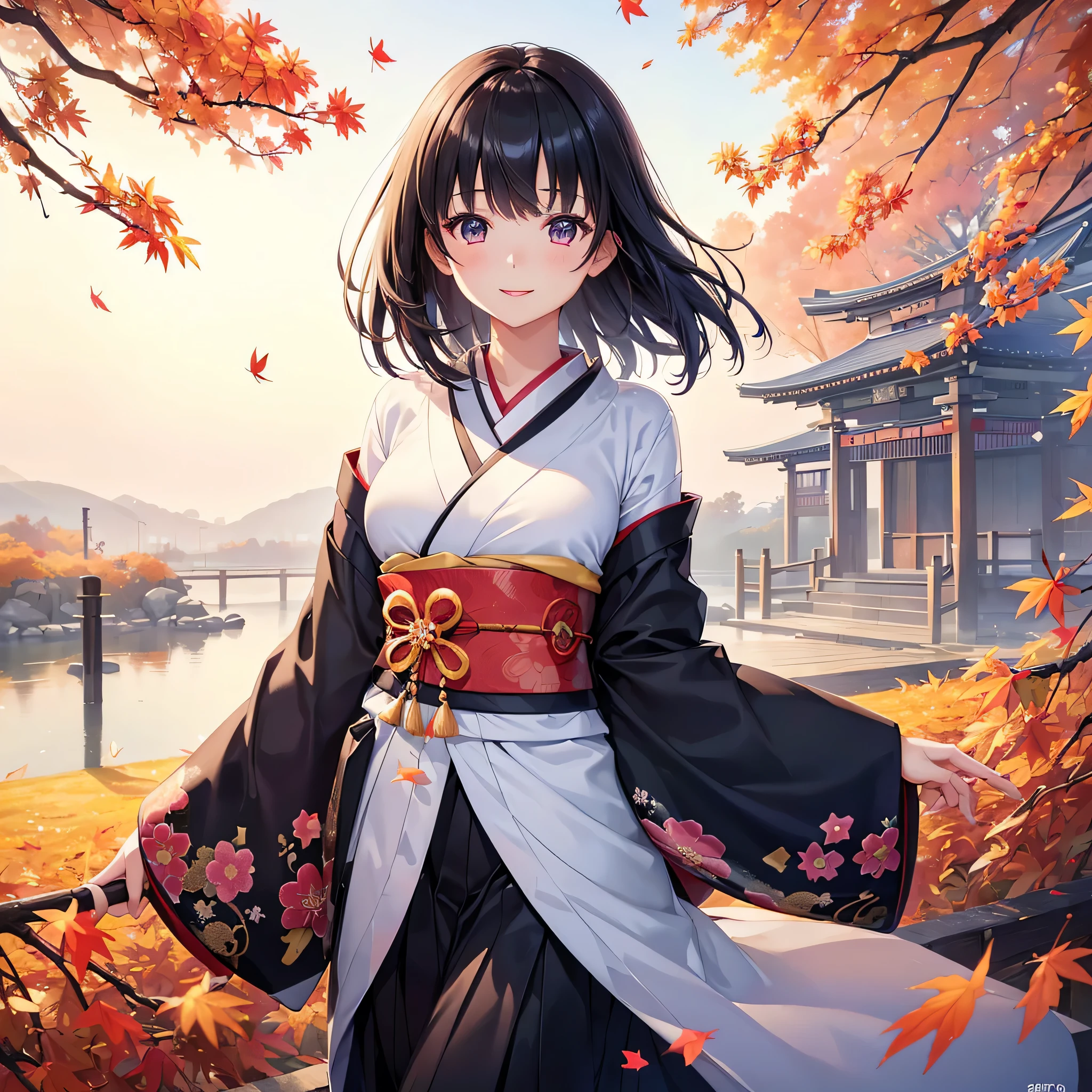 (Super beautiful woman in kimono)、((highest quality、8K masterpiece:1.3))、sharp focus:1.2、(super beautiful face:1.0)、(shiny skin:1.0)、realistic pictures、black haired、video writing、High resolution eyes and face、video writing、japanese actress、from the front、Medium chest、with a happy smile、wearing a kimono、under the autumn leaves、highest grade obi