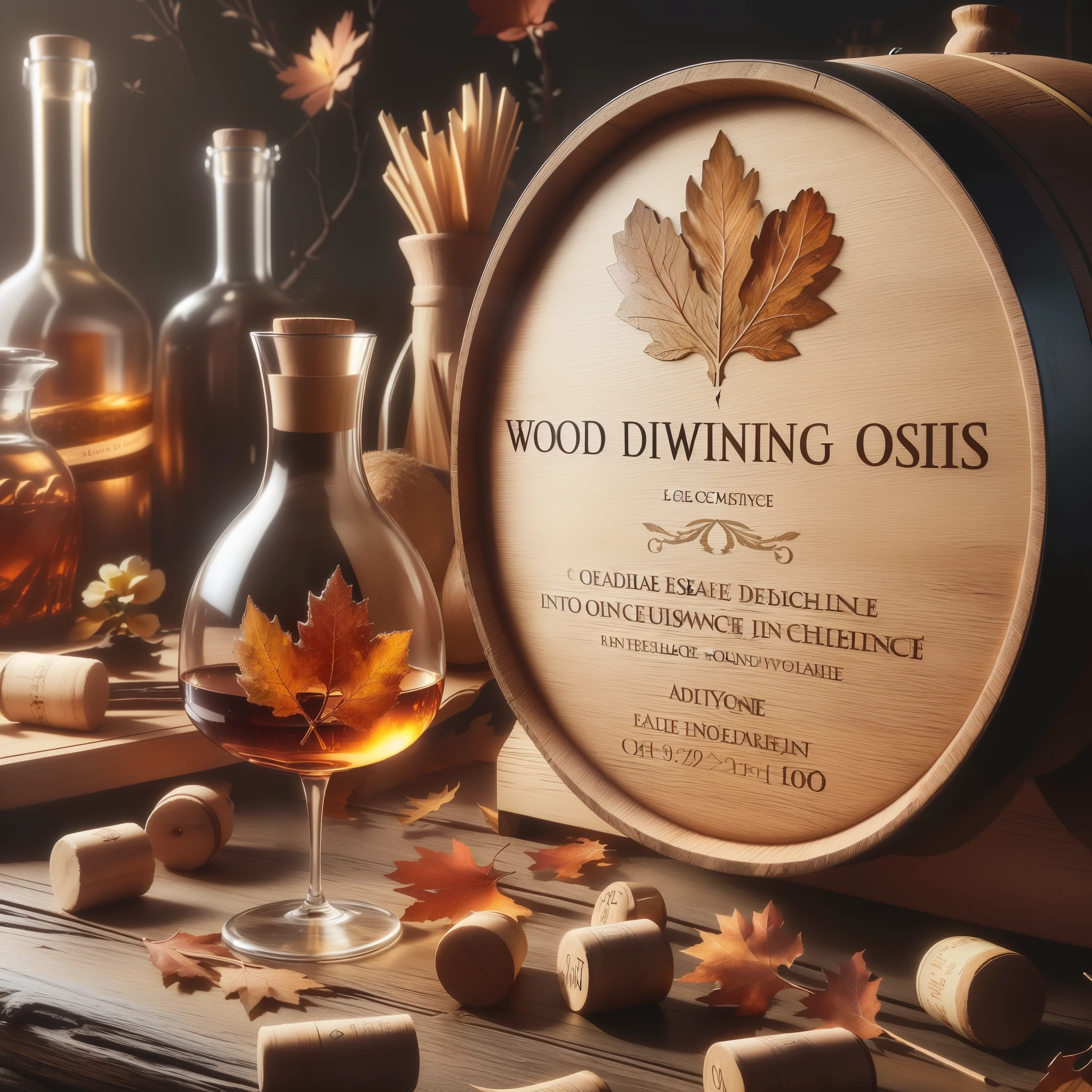 il y a un tonneau en bois avec une pancarte dessus à côté d'un verre de vin, OssDraws (écrit WOOD DEWING OASIS sur le tonneau), États-Unis, primé. rendu d'octane, primé dark, gagner, Oscarisé, boire du whisky, rendu de haute qualité, fait d'huile brillante, plan rapproché, absolument exceptionnel, huile sur bois de chêne, packshot, caisses et tonneaux en bois, primé 3d render