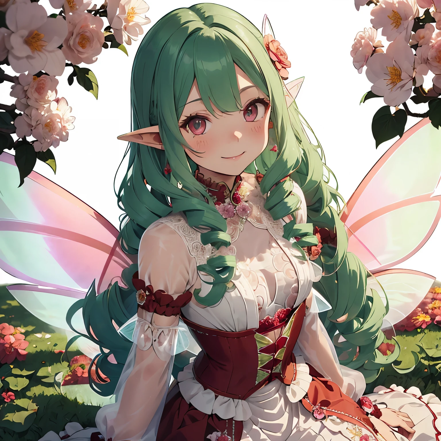 (light red hair:1.2),(long hair with curls:1.3),(drill curl hair:1.25),(Jade-colored eyes:1.4),(Eye size:1.5),(Accessories with flower motifs:1.3),(One piece made of smooth material:1.3),(sheer sleeve:1.35),(White corset:1.25),(asymmetric hem skirt:1.4),(Fluffy skirt:1.35),(gladiator shoes:1.25),(Background full of blooming flowers:1.5),(blush),(cute smile:1.3),(small breasts:1.6),(close up of face:1.25),(elf ears:1.2),(transparent wings like a fairy:1.4),