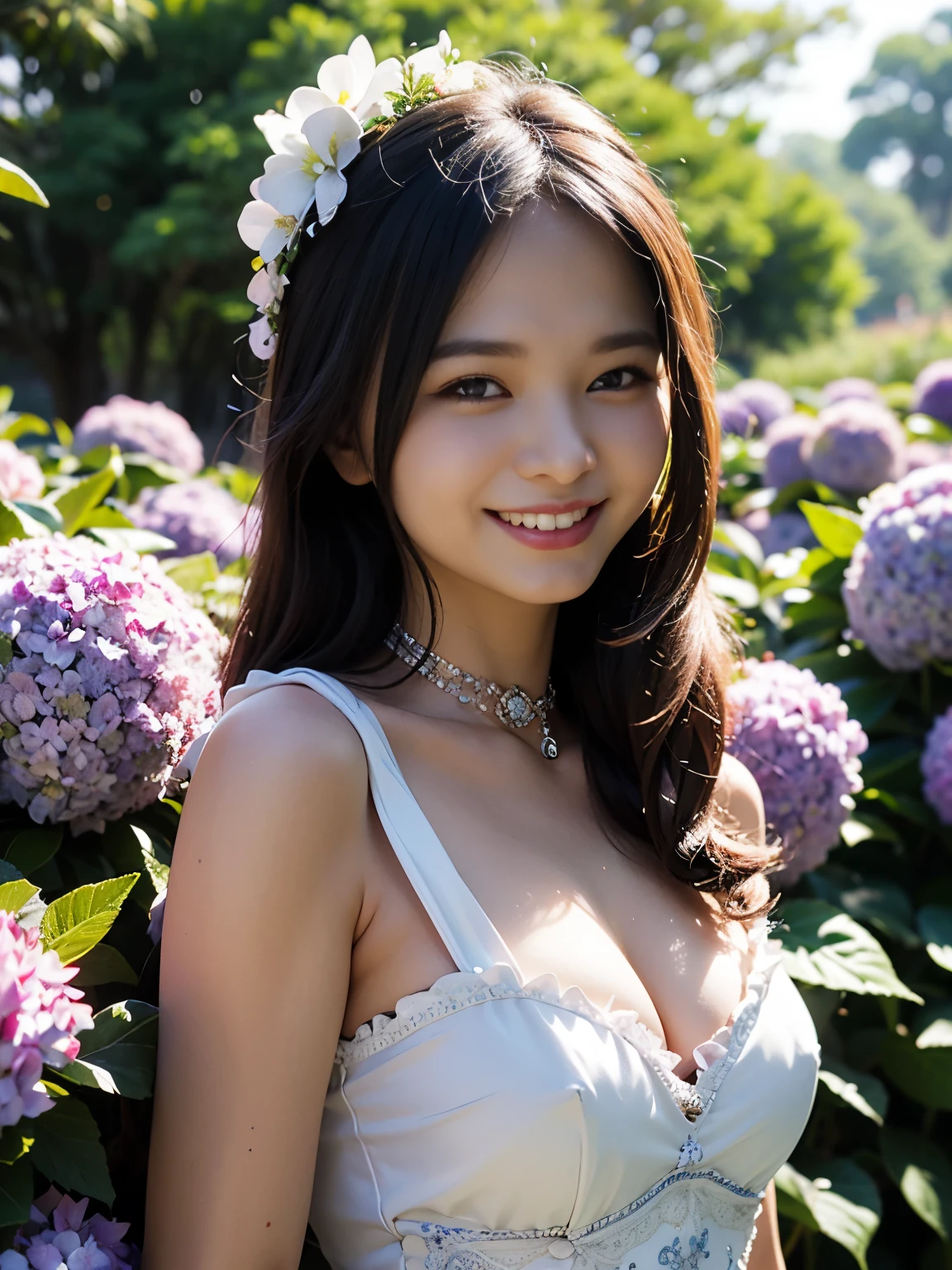 highest quality, masterpiece, ultra high resolution, 8K, to be born, (realistic:1.4), professional lighting, written boundary depth, (detailed background:1.5), hydrangea, flower garden, thin, dynamic pose, 1 girl, cute, smile, big black eyes, open your mouth, small breasts, Fine clothes, white, One piece with frills