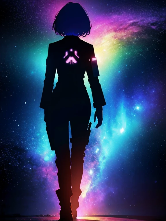 Girl, cloud, colorful, masterpiece, galaxy background、(girl silhouette)、body suit,from behind,walking
