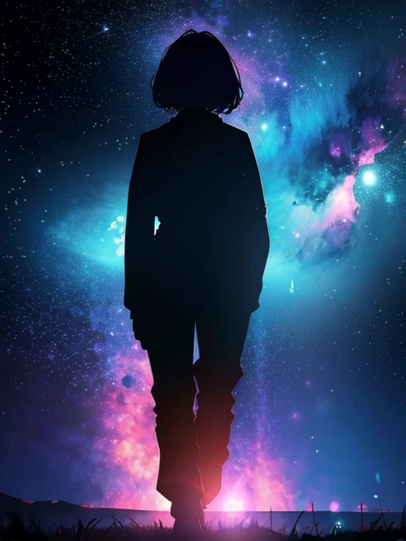 Girl, cloud, colorful, masterpiece, galaxy background、(girl silhouette)、body suit,from behind,walking
