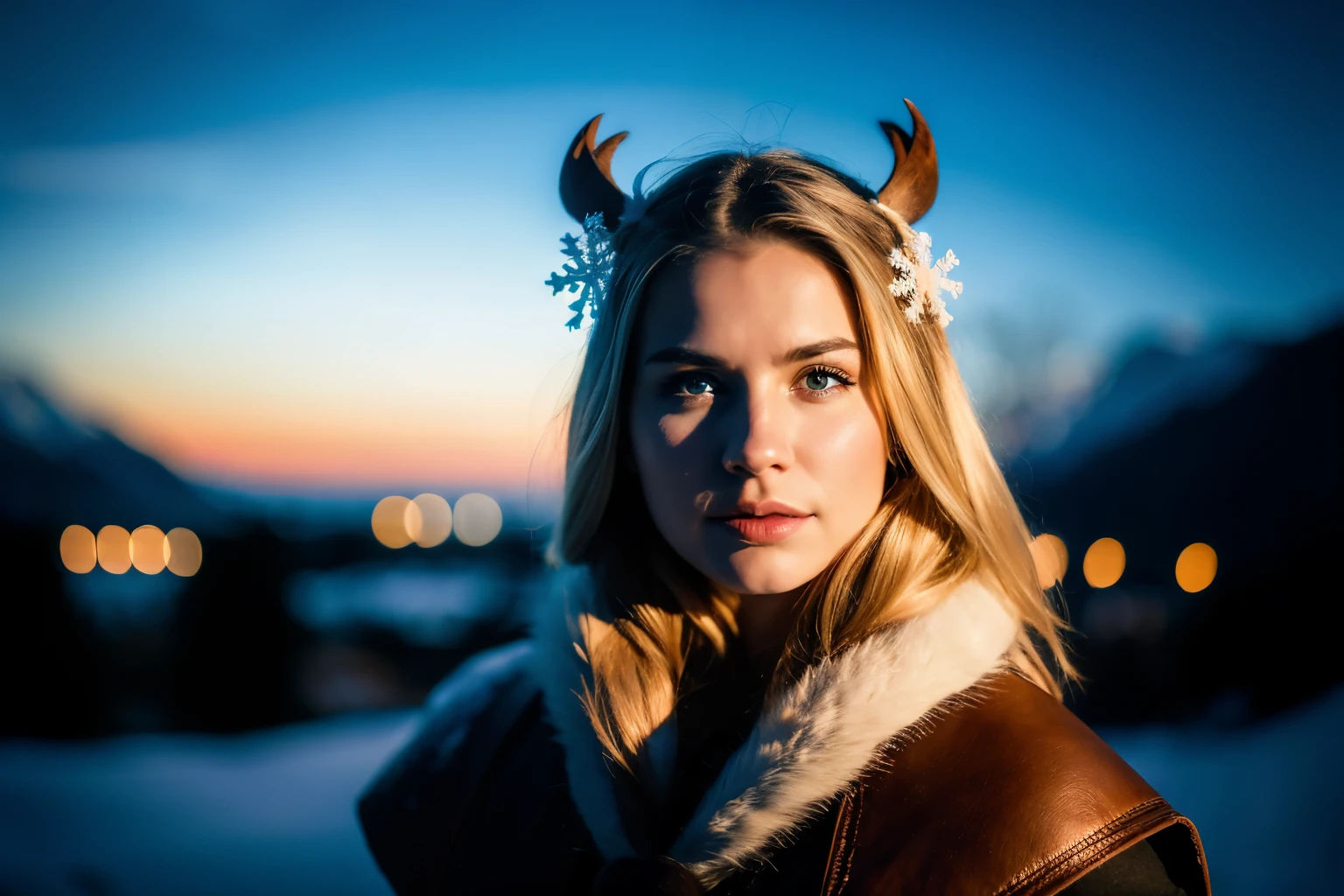 Generate a hyper-realistic image that employs the shallow depth of field technique to highlight ((a hot Viking warrior girl of a 15th century)) during a snowy night in a Norse setting. The warrior should be the focal point, with sharp clarity, while the background of the Norse landscape it should be gently blurred to create a bokeh effect. (((In the foreground, snowflakes should be visible but blurred))), northern lights in the background, adding depth to the composition. Sony Alpha A7R III, macros lens , f/5.6. Cinematic Lighting