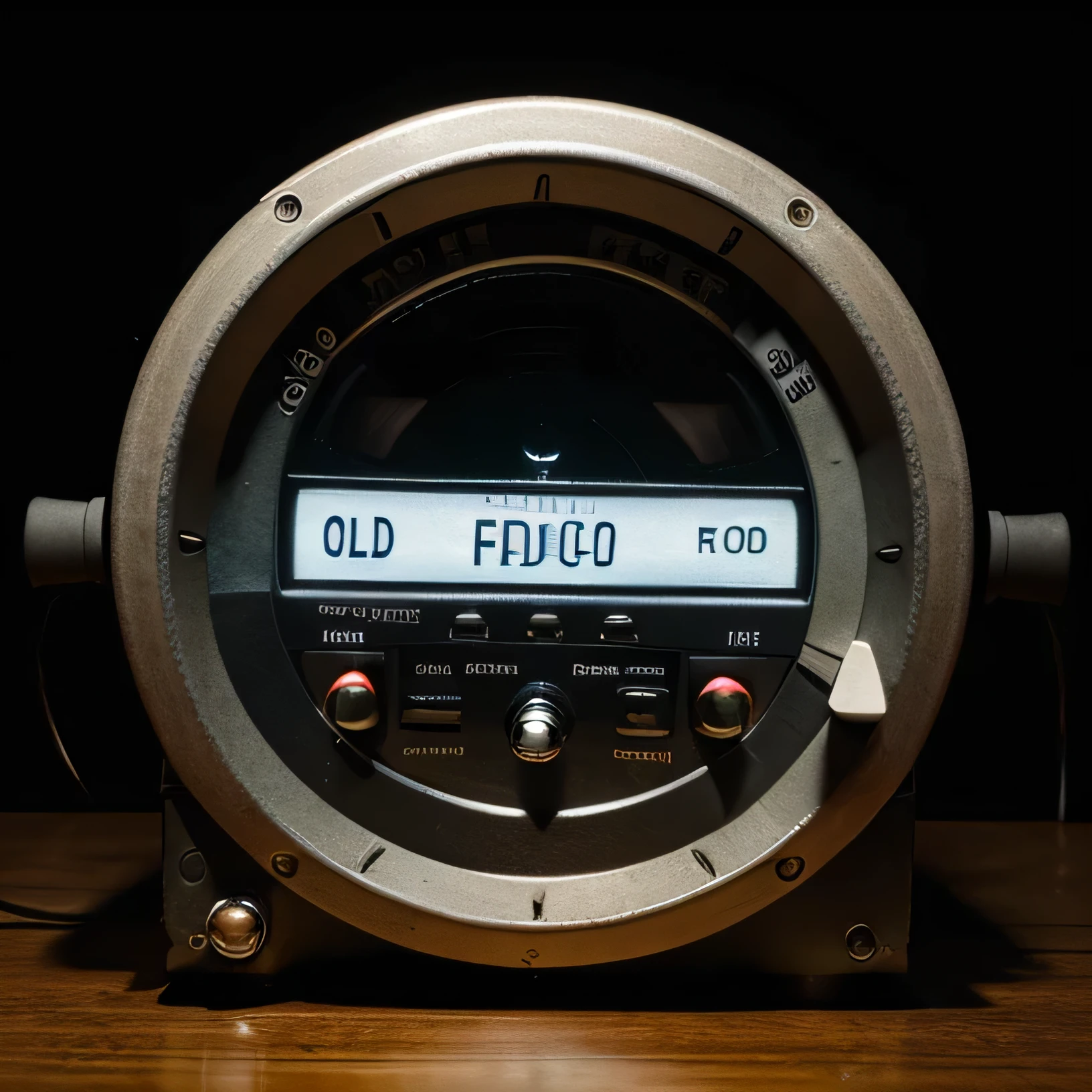 old school radio, An old digital display showing the radio frequency in the upper area, a large volume button in the lower right corner, front view, no perspective