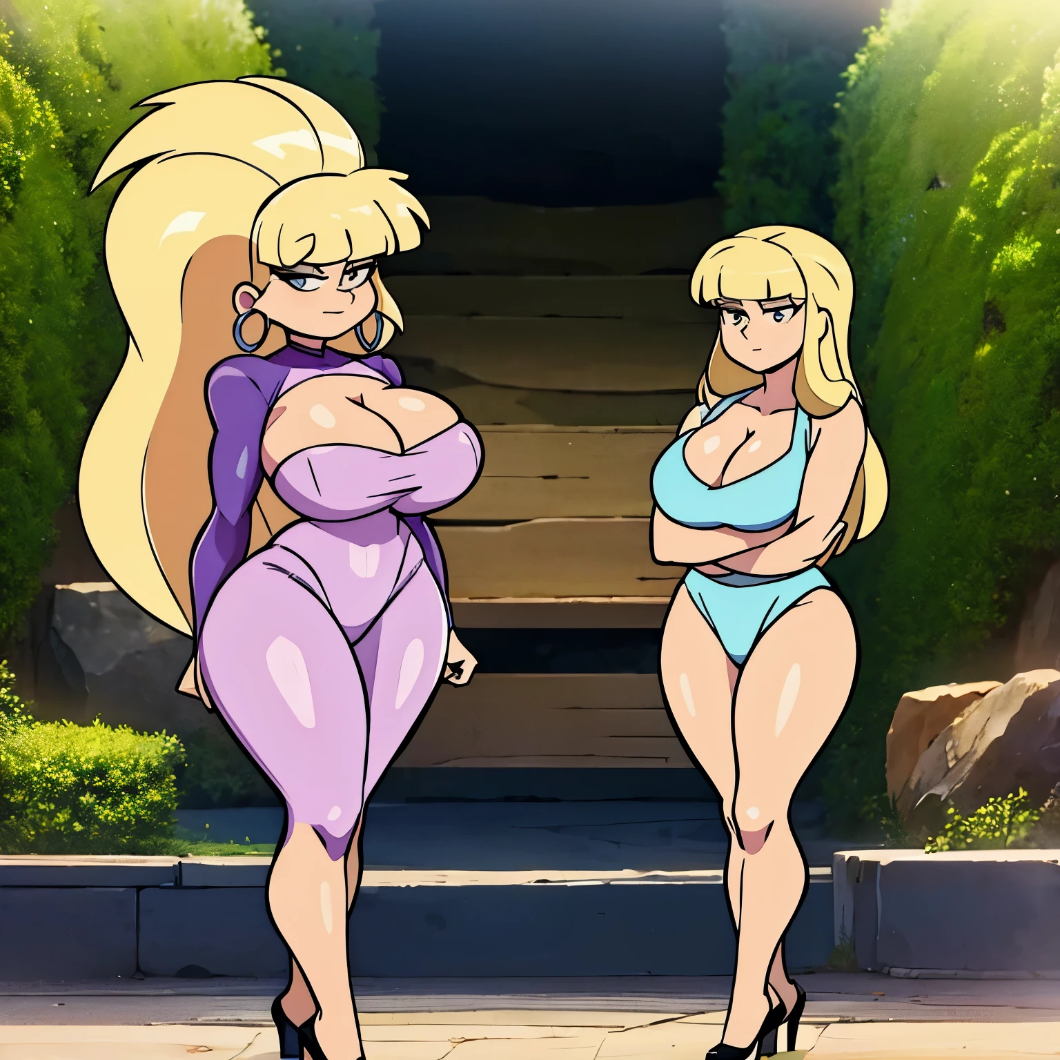 Pacifica, Massive Breasts, ((standing straight)), Blonde hair, ((Cleavage)), (perfect arms), Massive Cleavage
