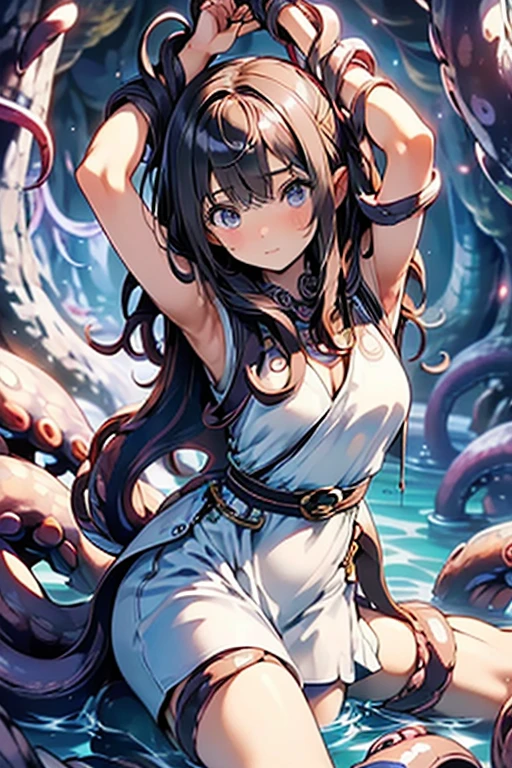 ((masterpiece)), ((best quality)), (ultra-detailed),(in the cave),(monster),(((many tentacles wrap arotnd the body))),a cute girl, 1girl, solo, (white girly dress),((many tentacles bound arms)), ((thin waist)),large breast, slim, slender,beautiful brown hair, beautiful blue eyes, (beautiful eyes), long hair,troubled expressio