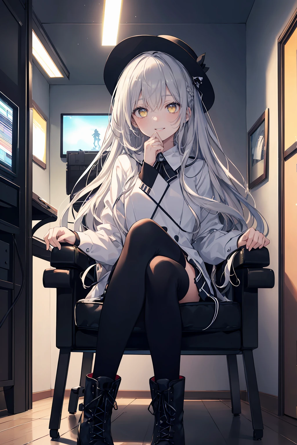 ((8Kmasterpiece,highest quality)), ultra high resolution, (masterpiece: 1.4), hyper detail, (((1 girl))),(16 years old),beautiful and delicate eyes,(yellow eyes),Big eyes,shining eyes of light,Thin and long eyelashes,detailed light,beautiful face,((silver hair)),((long hair)),(white suit),Black high-cut boots,black tights,black magician hat,DTM,PC,(Composing music),keyboard,(guitar),((Gaming Room)),((dark room)),((Neon color)),(night),sitting cross-legged on a gaming chair,fearless smile,(please open your mouth wide),looking at the viewer, slender body,very big