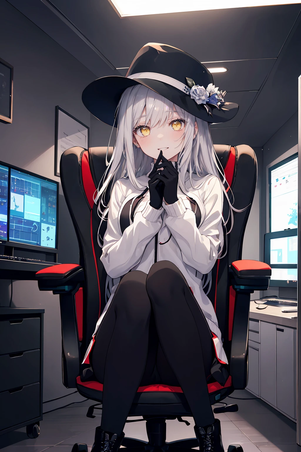 ((8Kmasterpiece,highest quality)), ultra high resolution, (masterpiece: 1.4), hyper detail, (((1 girl))),(),beautiful and delicate eyes,(yellow eyes),Big eyes,shining eyes of light,Thin and long eyelashes,detailed light,beautiful face,((silver hair)),((long hair)),(white suit),Black high-cut boots,black tights,black magician hat,DTM,PC,(Composing music),keyboard,(guitar),((Gaming Room)),((dark room)),((Neon color)),(night),sitting cross-legged on a gaming chair,fearless smile,(please open your mouth wide),looking at the viewer, slender body,very big