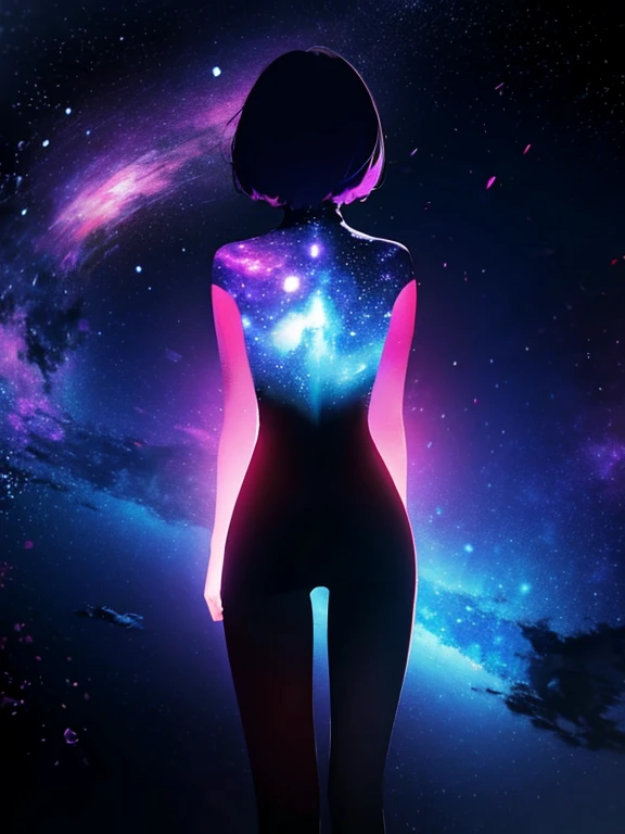 Girl, cloud, colorful, masterpiece, galaxy background、(girl silhouette)、cyber-body suit,from below,from behind、stretch both arms upward