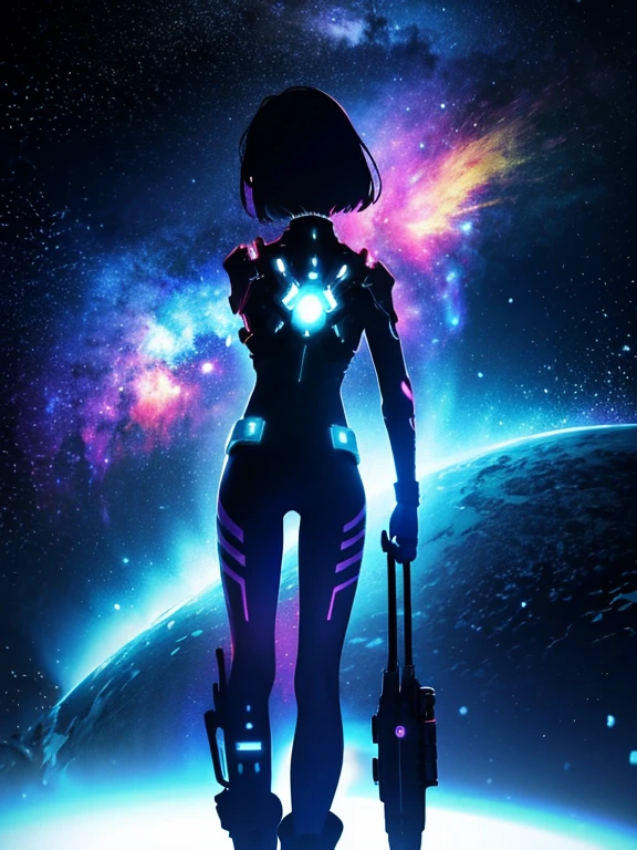 Girl, cloud, colorful, masterpiece, galaxy background、(girl silhouette)、cyber-body suit,from behind,walking
