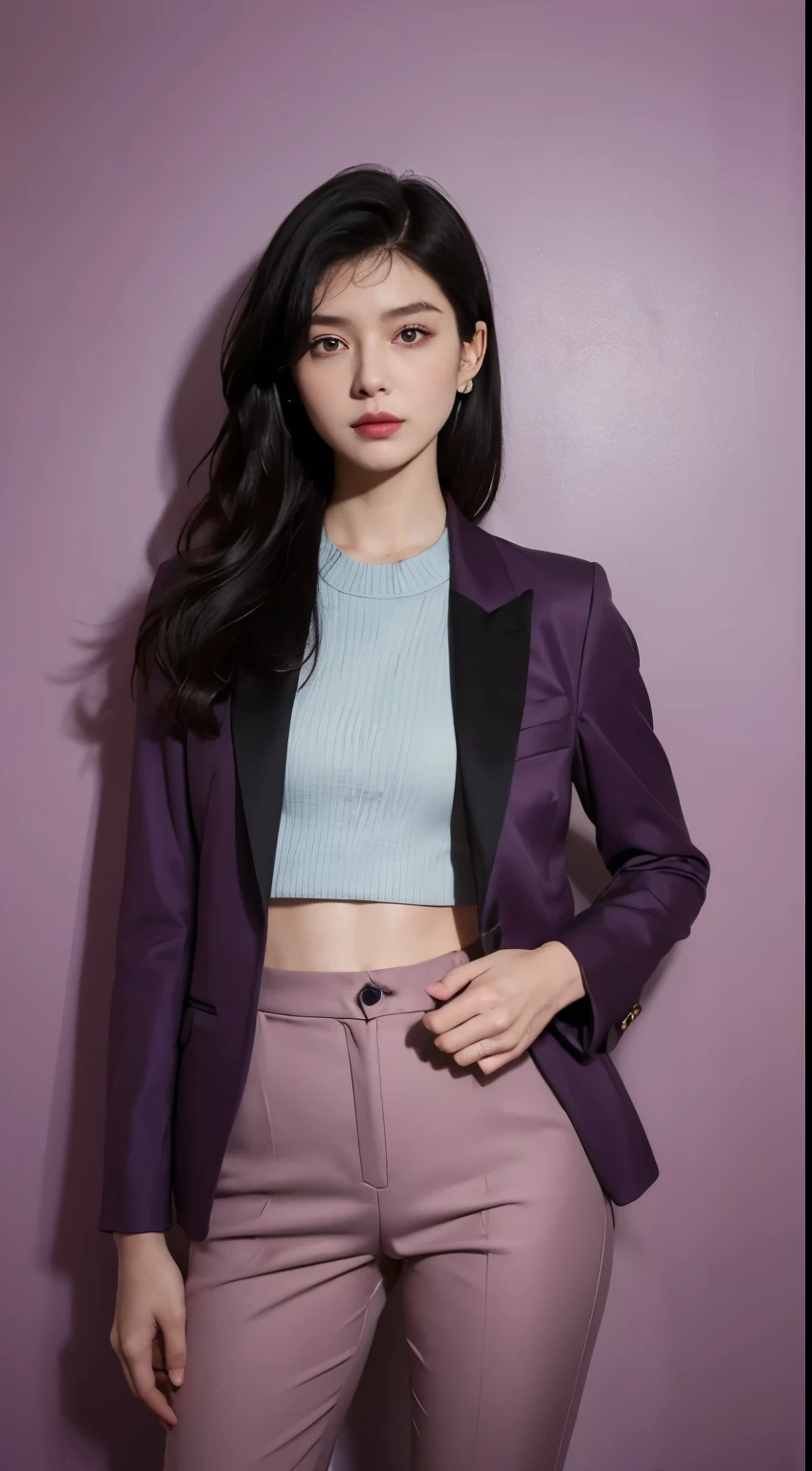 Vogue style photoshoot, Clarity, 4k, 8k, detail, actual, Beautiful Girl, wear dark pastle blazer, inner wear, pastle pants, black lips, dark long hair mullet haircut, Perfect body, thigh, stand, pose standing, medium chest, Wes Anderson style, pastle color background in Wes Anderson style