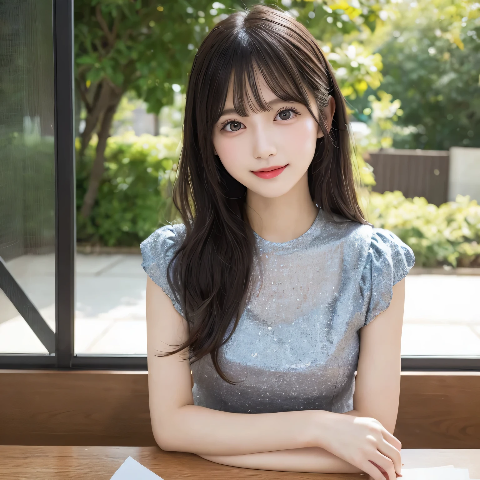 on the table, best quality, illustration, Super detailed, fine details, high resolution, 8k wallpaper, Perfect dynamic composition, Beautiful and delicate eyes,whole body摄影,show your whole body、mini skirt,thin and transparent、long gray hair, Bold sexy pose,Smile,Harajuku、20 year old girl、Eyeliner、beautiful bangs、hair between eyes、((masterpiece、top quality、Super detailed、movie light、intricate details、high resolution、Very detailed))、background for this、8 kood、digital SLR、soft light、high quality、film grain、富士XT3 、shallow view deep、natural soft light、Kamimei、See the knees, set on table,Look at the sexy shots of the lens、Above the legs、whole body、 铅笔mini skirt、Holding a bouquet of flowers、side view