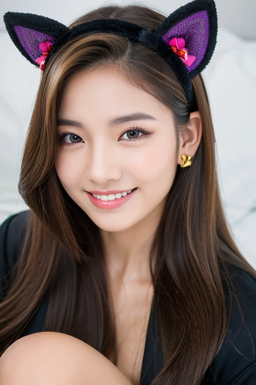 masterpiece, highest quality, 8K, super dense skin, perfect anatomy,Upper body, hot, cute, 1 girl, Colorful long hair,straight hair,oily shiny skin,black coat,cat ear headband,on the bed,18-year-old,on the bed,cross your legs,looking at the viewer,sharp focus,center the focus,devilish smile,double eyelid,detailed face,smooth skin,highly detailed eyes,Excited,detailed description,sexy pose