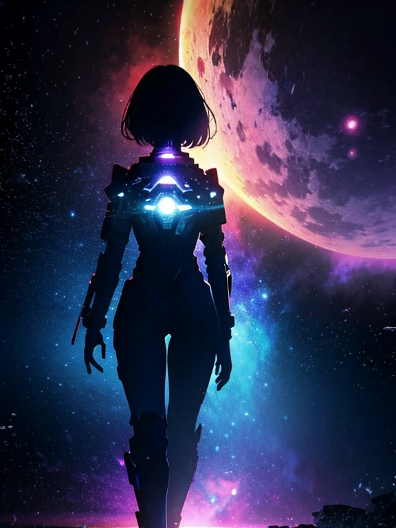 Girl, cloud, colorful, masterpiece, galaxy background、(girl silhouette)、cyber-body suit,from behind,walking
