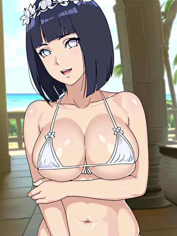 (WALLPAPER, masterpiece, 4k, anime style:1.9, ( detailed beach background, cowboy shot, looking at viewer, big breasts, big giant breast, open mouth, high color saturation, bold lines, bold drawing lines, (strong arms, flat belly, groin), detailed bold arm lines), (strong arms, thick arms), strong light on body, plain, bare body, (large breasts, perky boonimum clothing, taking off shirt, bare shoulders, off-shoulders, bare chest, polished nails, seductive, (very tight plain white micro bikini, wedding veil, white flower wedding crown), no shirt, showing off), hinata\(boruto\), mature female, sunbathing, milf, (curvy:0.8), solo, (short hair, hime cut), (dark blue hair color:1.1), white, flat belly, perfect eyes, white sciera, white eyes, anime eyes, smoky eyeliner, eyeshadow, perfect face, shy, sharp focus, professional artwork, intricate details, colorful, vibrant colors, vivid colors, digital blending, ultra detailed body, ultra detail hair, ultra detail face, trending on pixiv, smile, happy, very hot colors, sunny day, outdoor,