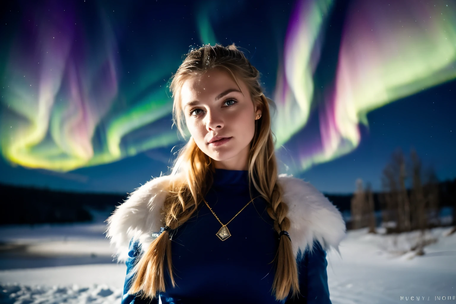 Generate a hyper-realistic image that employs the shallow depth of field technique to highlight ((a hot Viking warrior girl of a 15th century)) during a snowy night in a Norse setting. The warrior should be the focal point, with sharp clarity, while the background of the Norse landscape it should be gently blurred to create a bokeh effect. (((In the foreground, snow should be visible but blurred))), (((northern lights in the background))), adding depth to the composition. Sony Alpha A7R III, macros lens , f/5.6. vivid colors, Cinematic Lighting