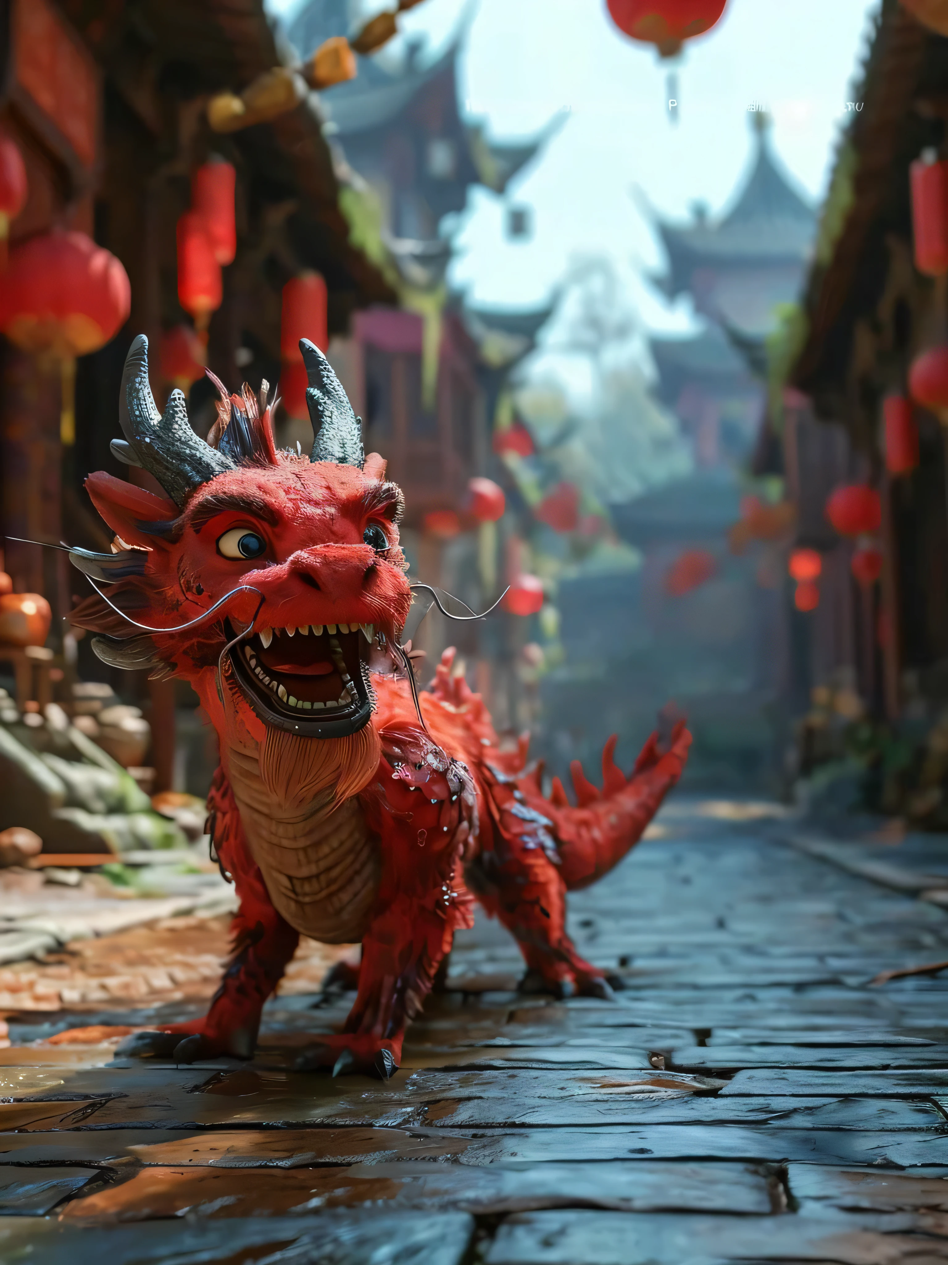 there is a red dragon statue on a cobblestone street, chinese dragon concept art, trending in cgsociety, highly detailed cgsociety, unreal engine 5 highly rendered, trending on unreal engine 5, 🌺 cgsociety, cgsociety uhd 4k highly detailed, chengwei pan on artstation, unreal engine 5 rendered, cgsociety and fenghua zhong