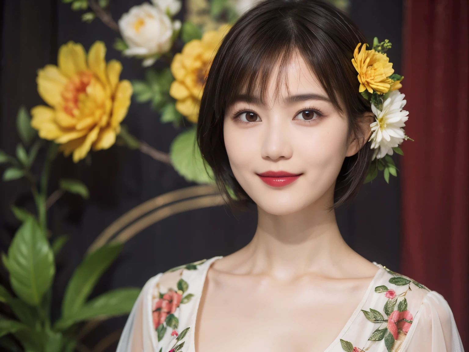 148
(20 year old woman,Floral costume), (surreal), (High resolution), ((beautiful hairstyle 46)), ((short hair:1.46)), (gentle smile), (breasted:1.1), (lipstick)
