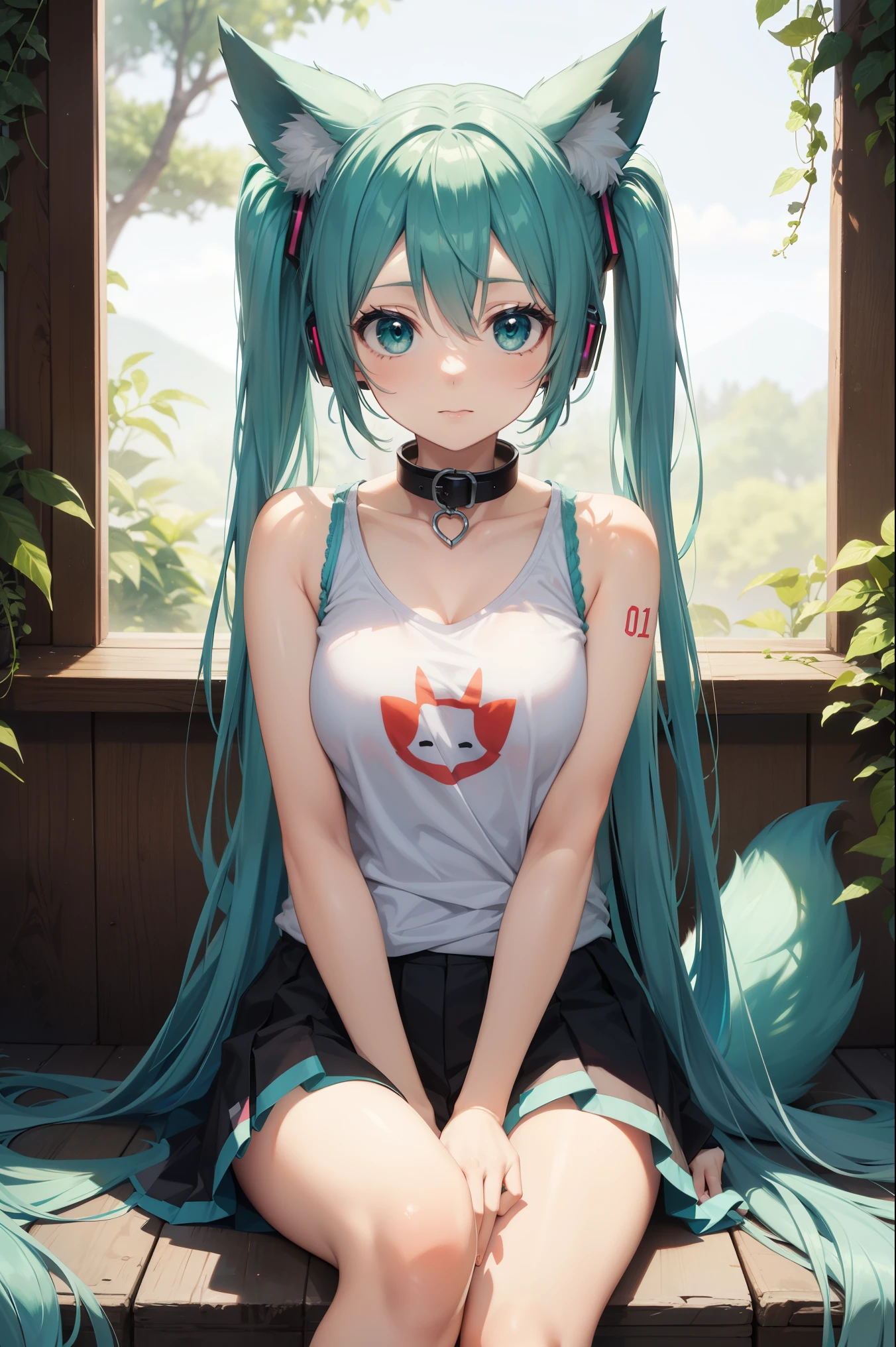 Hatsune Miku, fox ears, fox tail, forest, green hair, green eyes, vocaloid, girl in need, collar, white shirt, t-shirt, blue short, sleeveless, looking at viewer, sitting,