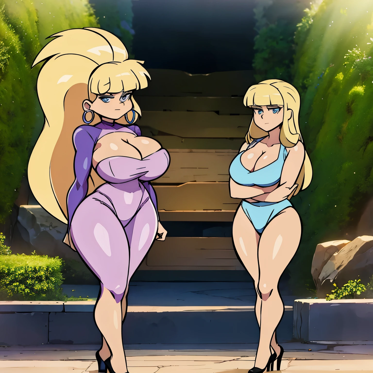 Pacifica, Massive Breasts, ((standing straight)), Blonde hair, ((Cleavage)), (perfect arms), Massive Cleavage, ((blue eyes))
